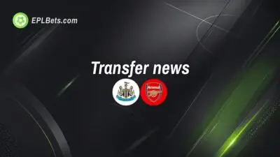 Newcastle United and Arsenal club badges with the words 'transfer news'