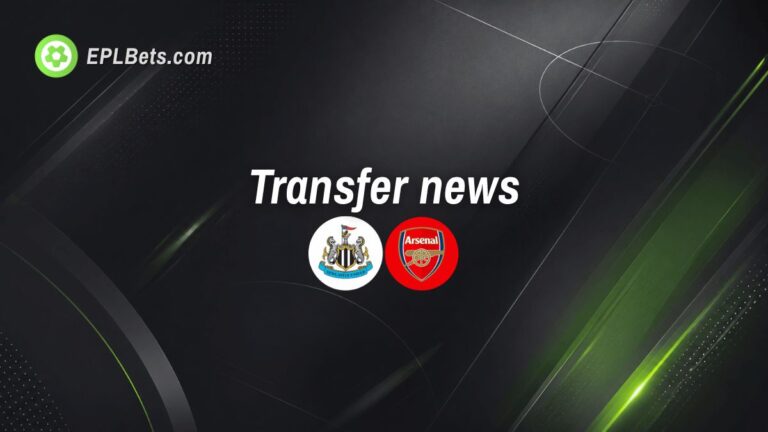 Emblemas do Newcastle United e do Arsenal com as palavras “notícias sobre transferências”