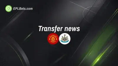 Emblemas dos clubes Manchester United e Newcastle United com as palavras “notícias sobre transferências”