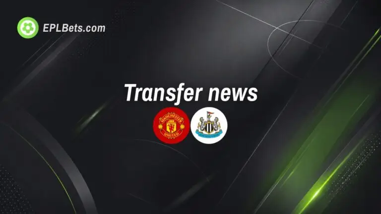 Emblemas do Manchester United e do Newcastle United com as palavras “notícias sobre transferências”