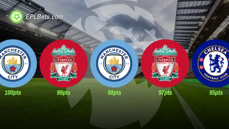 Manchester City, Liverpool and Chelsea club badges floating in front of a Premier League stadium