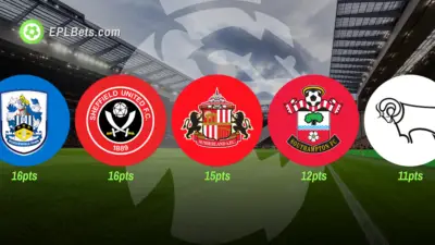 Huddersfield Town, Sheffield United, Sunderland, Southampton and Derby County club badges floating in front of a Premier League stadium