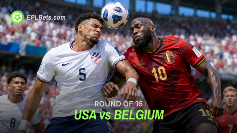 Auston Trusty of USA challenging in the air with Romelu Lukaku of Belgium