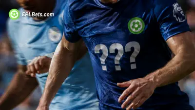 Close up of a player's shirt with question marks as the shirt sponsor