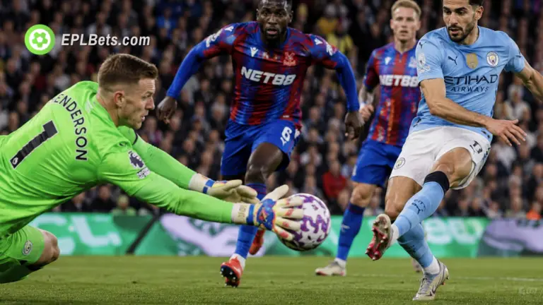 Dean Henderson of Crystal Palace making a save from Omar Marmoush of Manchester City