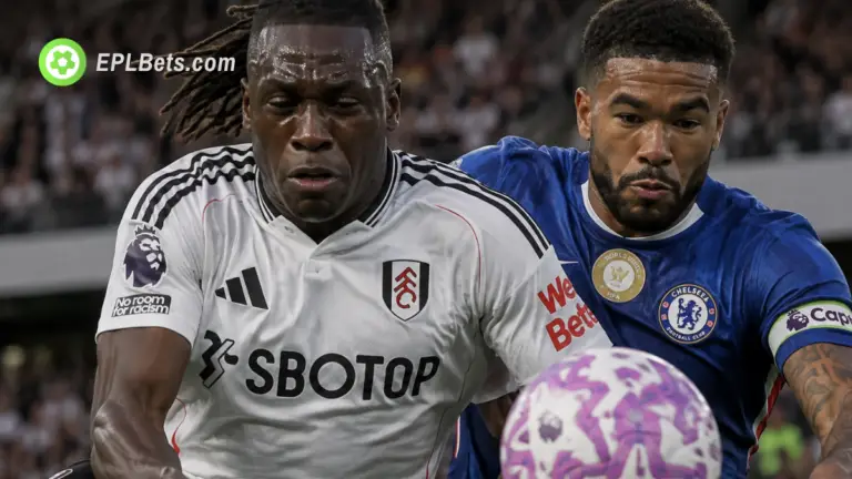 Calvin Bassey of Fulham, jostling for the ball with skipper Reece James of Chelsea
