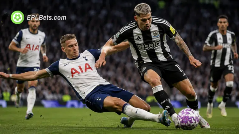 Micky van der Ven of Tottenham Hotspur, sliding into a tackle with Bruno Guimarães of Newcastle