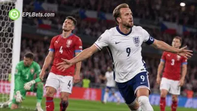 Harry Kane celebrates a goal for England against Czechia during their UEFA Nations League clash in Prague.