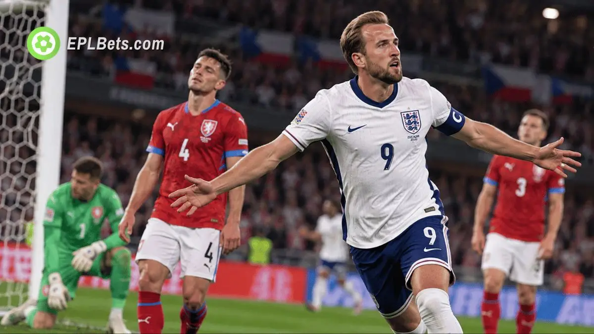 Harry Kane celebrates a goal for England against Czechia during their UEFA Nations League clash in Prague.