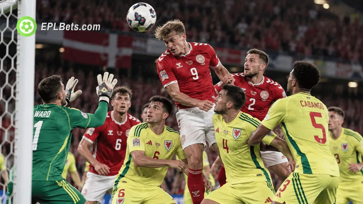 Denmark and Wales players compete for a header from a corner during their UEFA Nations League clash in Copenhagen.