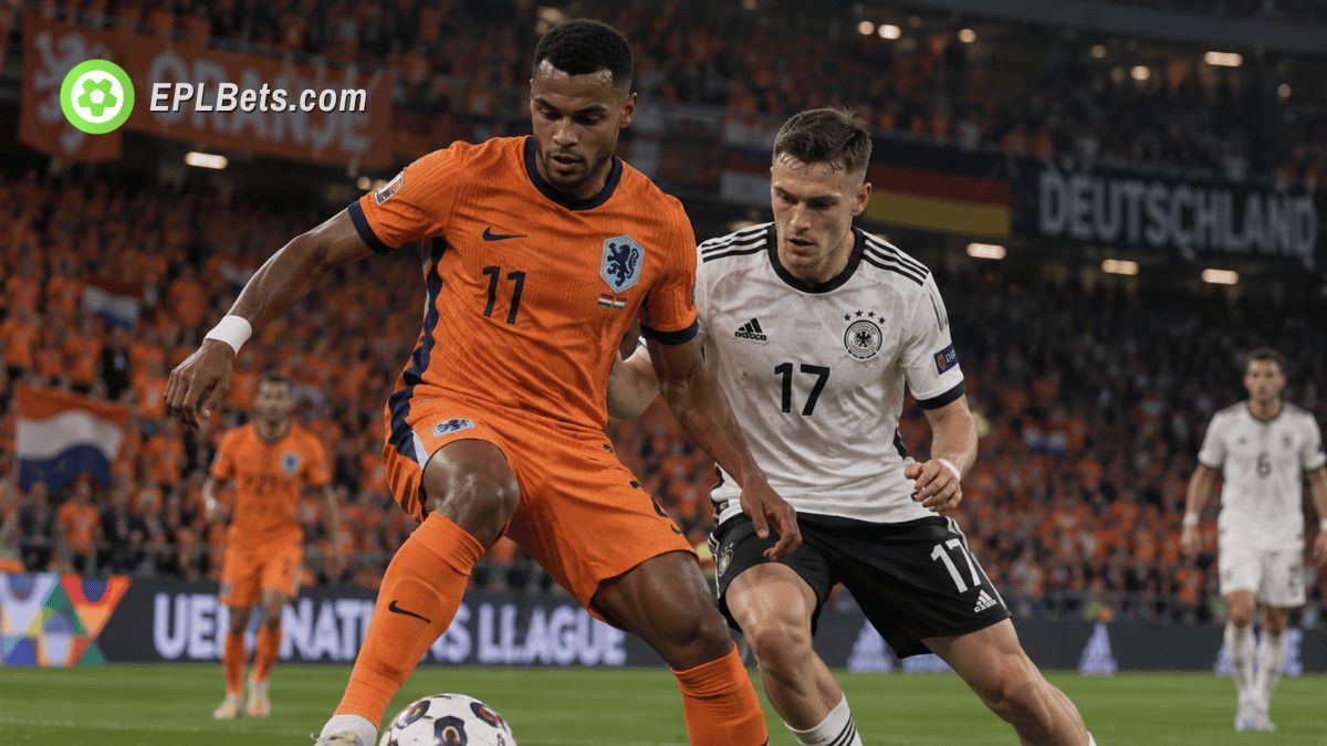 Cody Gakpo and a German defender challenge for the ball as Netherlands take on Germany in the Nations League.