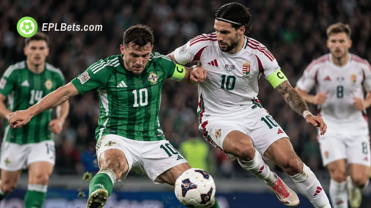 Northern Ireland and Hungary players battle for possession during their UEFA Nations League clash at Windsor Park.