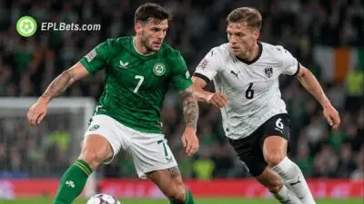 Republic of Ireland and Austria players battle for possession during their UEFA Nations League clash at the Aviva Stadium.