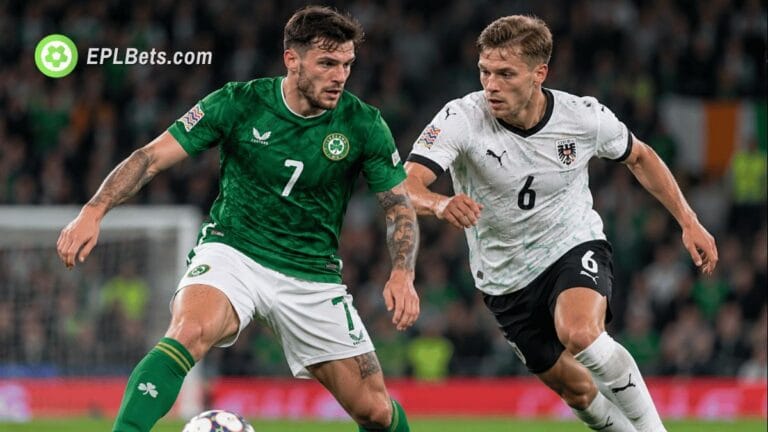 Republic of Ireland and Austria players battle for possession during their UEFA Nations League clash at the Aviva Stadium.