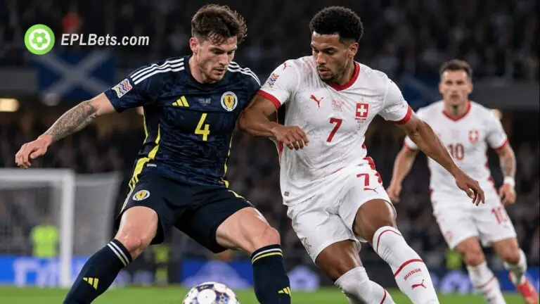 Scotland and Switzerland players battle for possession during their UEFA Nations League clash at Hampden Park.
