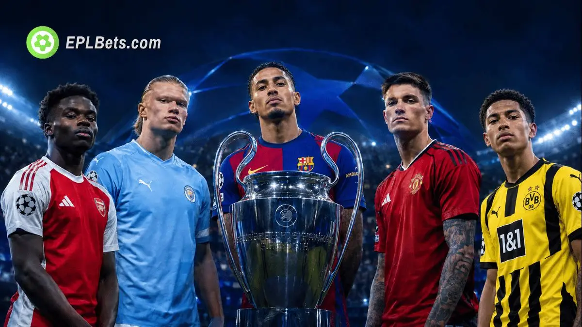 Saka, Haaland, Raphinha, Sesko and Bellingham surround the UCL Trophy.