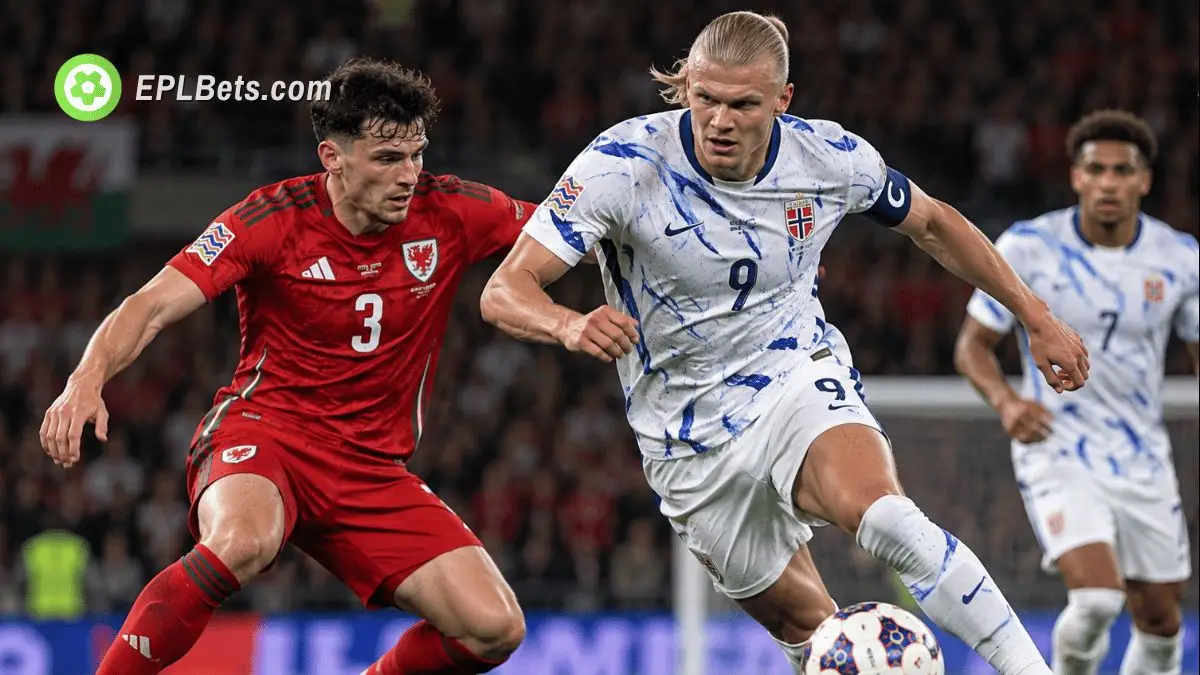 Erling Haaland battles a Wales defender for possession during Norway's UEFA Nations League clash with Wales in Cardiff.