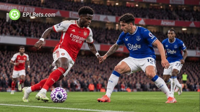 Arsenal attacker dribbles the ball towards an Everton defender during a Premier League match at the Emirates Stadium, with players from both teams in the background.