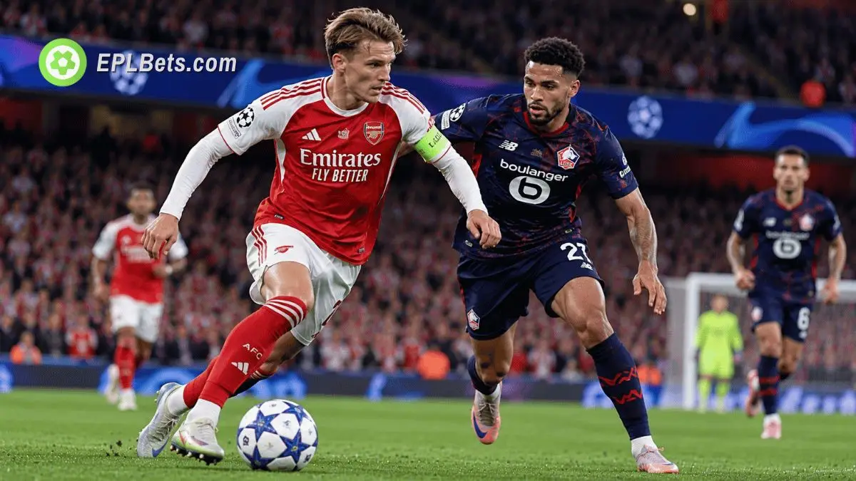Arsenal captain Martin Ødegaard dribbles past a Lille player during a UEFA Champions League clash at the Emirates Stadium.