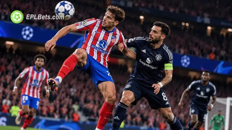 An Atletico Madrid player controls an aerial ball while Manchester United captain Bruno Fernandes challenges for possession during a Champions League clash.