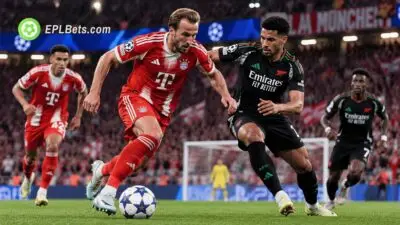 Harry Kane dribbles forward in a Bayern Munich home kit as an Arsenal defender challenges him during a Champions League match illustration at the Allianz Arena.