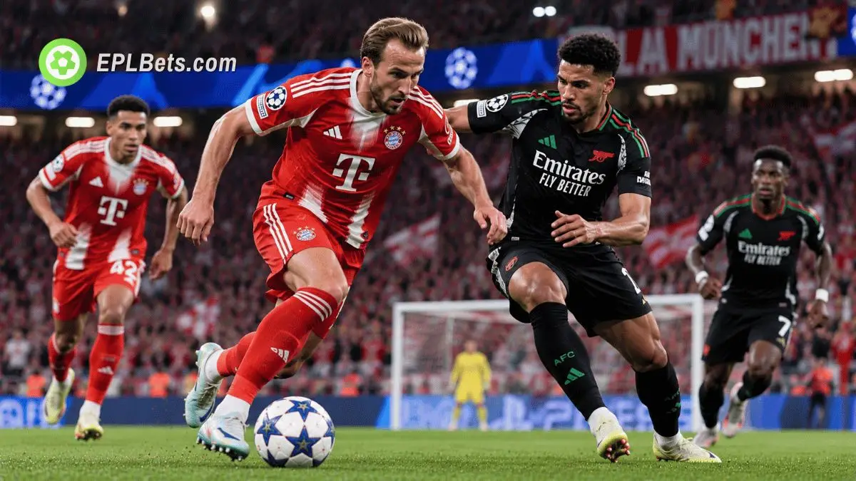 Harry Kane dribbles forward in a Bayern Munich home kit as an Arsenal defender challenges him during a Champions League match illustration at the Allianz Arena.
