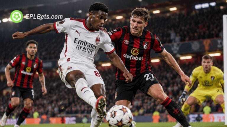 AC Milan attacker attempts a shot inside the penalty area as a Bournemouth defender challenges him during a Europa League match illustration at the Vitality Stadium.