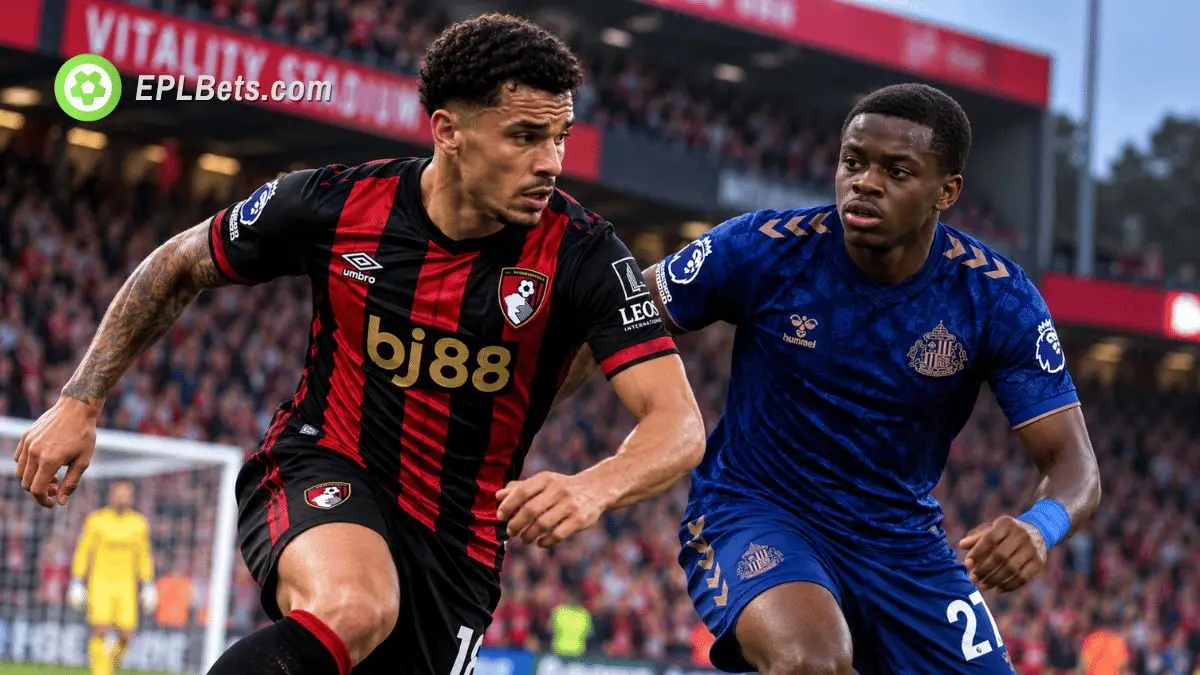Ilustração de uma partida da Premier League em que o meio-campista do Sunderland, Noah Sadiki, vestindo o uniforme azul de visitante, disputa a bola com um jogador do Bournemouth, que veste vermelho e preto.