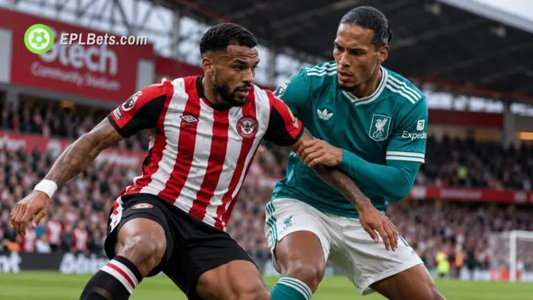 Ilustração de uma partida da Premier League em que um jogador do Brentford, vestindo uma camisa listrada em vermelho e branco, disputa a posse de bola com o zagueiro do Liverpool, Virgil van Dijk.