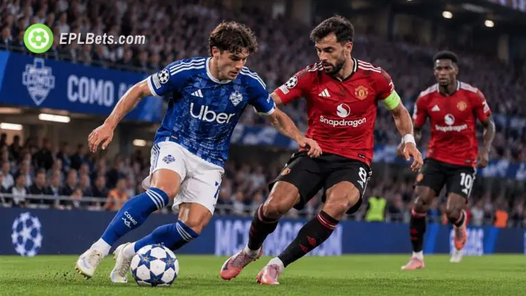 Como midfielder Nico Paz dribbles with the ball as Manchester United captain Bruno Fernandes challenges him during a Champions League match illustration.