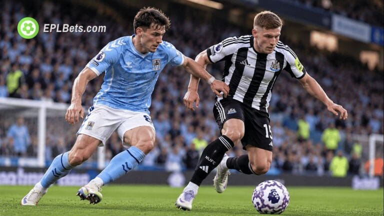 O ponta do Newcastle United, Harvey Barnes, dribla um jogador do Coventry City durante uma partida da Premier League na Coventry Building Society Arena.