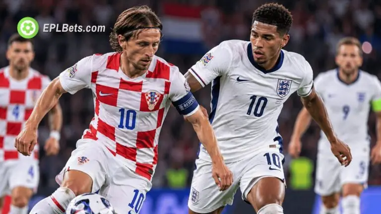 Croatia and England players battle for possession during their UEFA Nations League clash in Rijeka.
