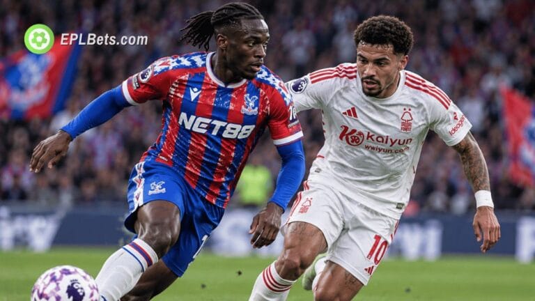 Crystal Palace and Nottingham Forest players battle for possession during a Premier League match at Selhurst Park.