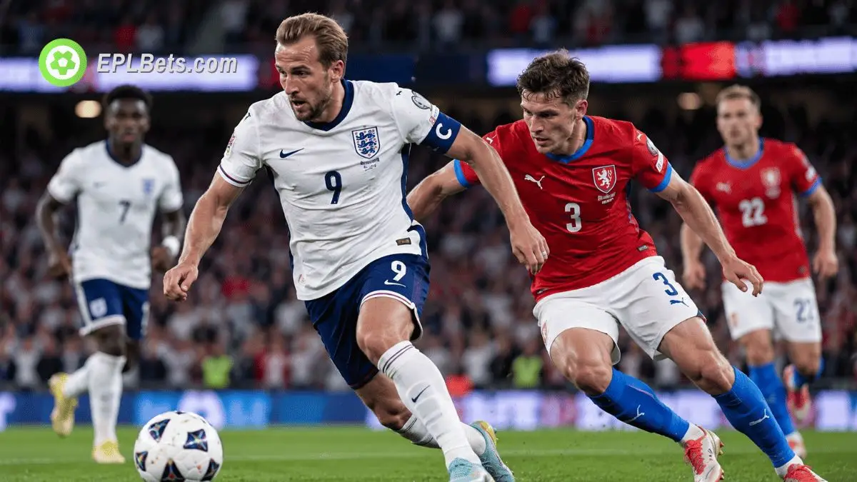 England and Czechia players battle for possession during their UEFA Nations League clash at Wembley.