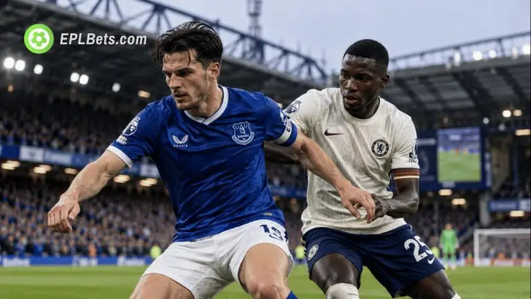 Everton player in a blue home kit shields the ball from a Chelsea defender wearing the club's cream away kit during a Premier League match illustration.