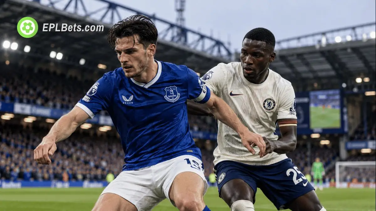 Everton player in a blue home kit shields the ball from a Chelsea defender wearing the club's cream away kit during a Premier League match illustration.