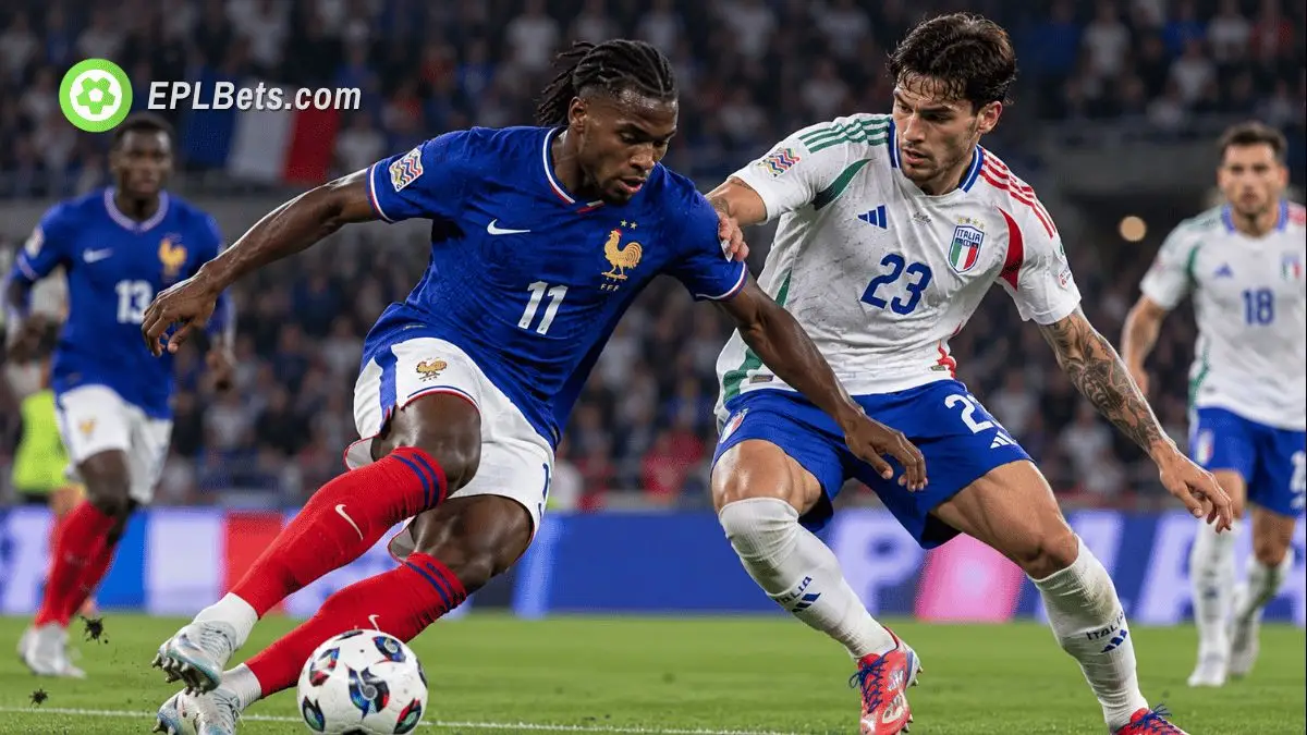 France and Italy players battle for possession during their UEFA Nations League clash.
