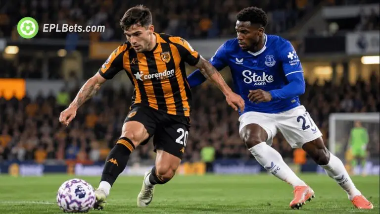 Hull City and Everton players battle for possession during a Premier League match at the MKM Stadium.