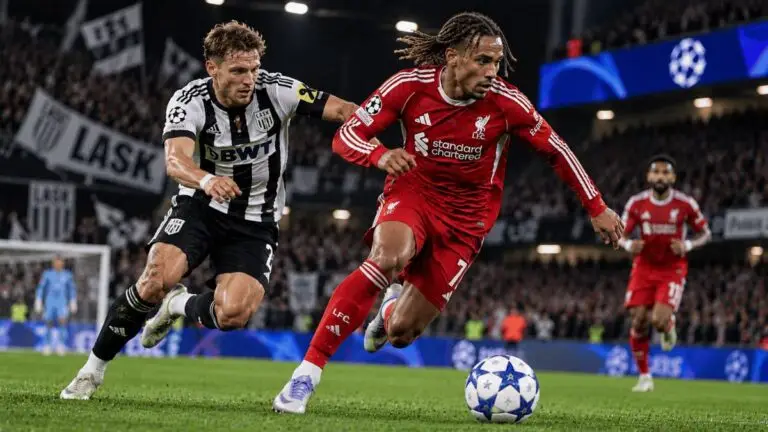 Liverpool winger Bradley Barcola dribbles past a LASK defender during a UEFA Champions League clash in Austria.