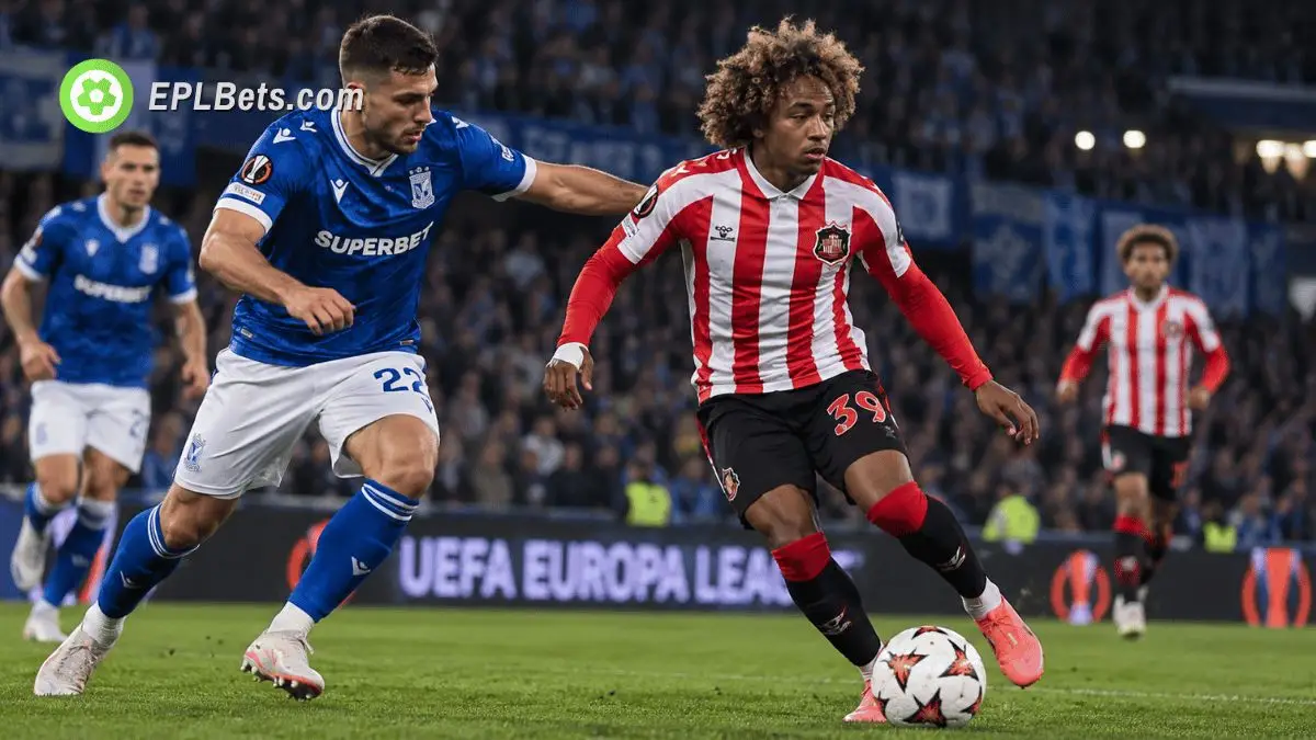 Sunderland winger Malick Fofana dribbles forward in the club's red and white home kit as a Lech Poznań defender challenges him during a Europa League match illustration.