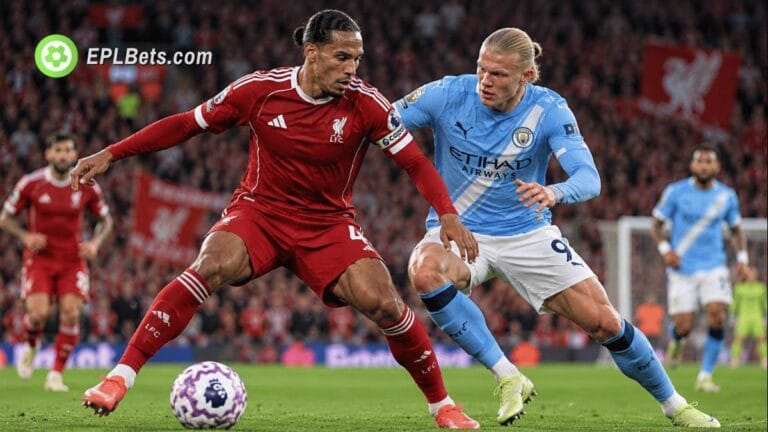 Virgil van Dijk disputa a posse de bola com Erling Haaland durante o confronto entre Liverpool e Manchester City pela Premier League, em Anfield.