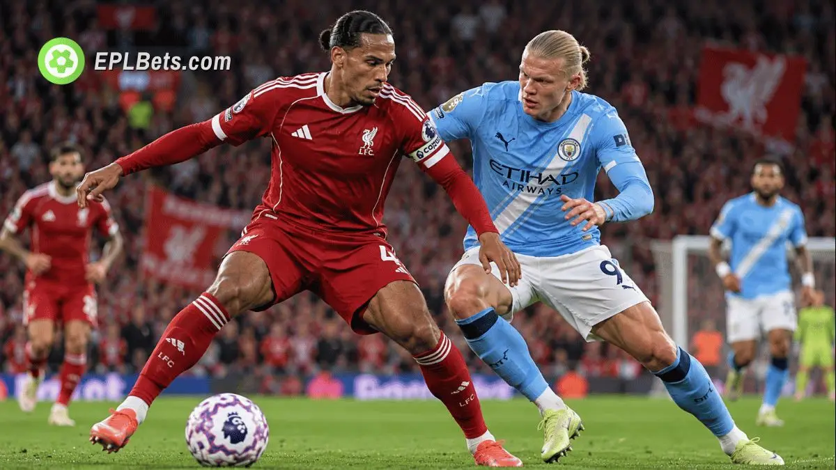Virgil van Dijk battles with Erling Haaland for possession during a Liverpool vs Manchester City Premier League clash at Anfield.