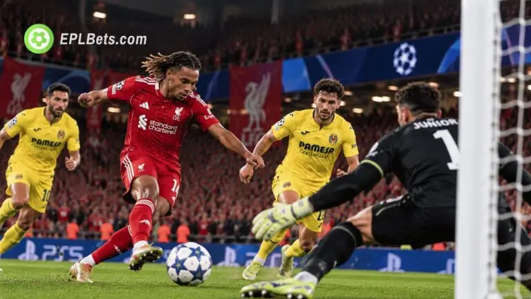 Bradley Barcola, vestindo a camisa vermelha do Liverpool, chuta em direção ao gol enquanto o goleiro do Villarreal tenta fazer uma defesa, em uma ilustração de uma partida da Liga dos Campeões em Anfield.