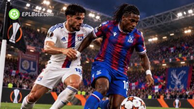 Crystal Palace player shields the ball from a Lyon defender beside a UEFA Europa League corner flag during a floodlit match illustration.