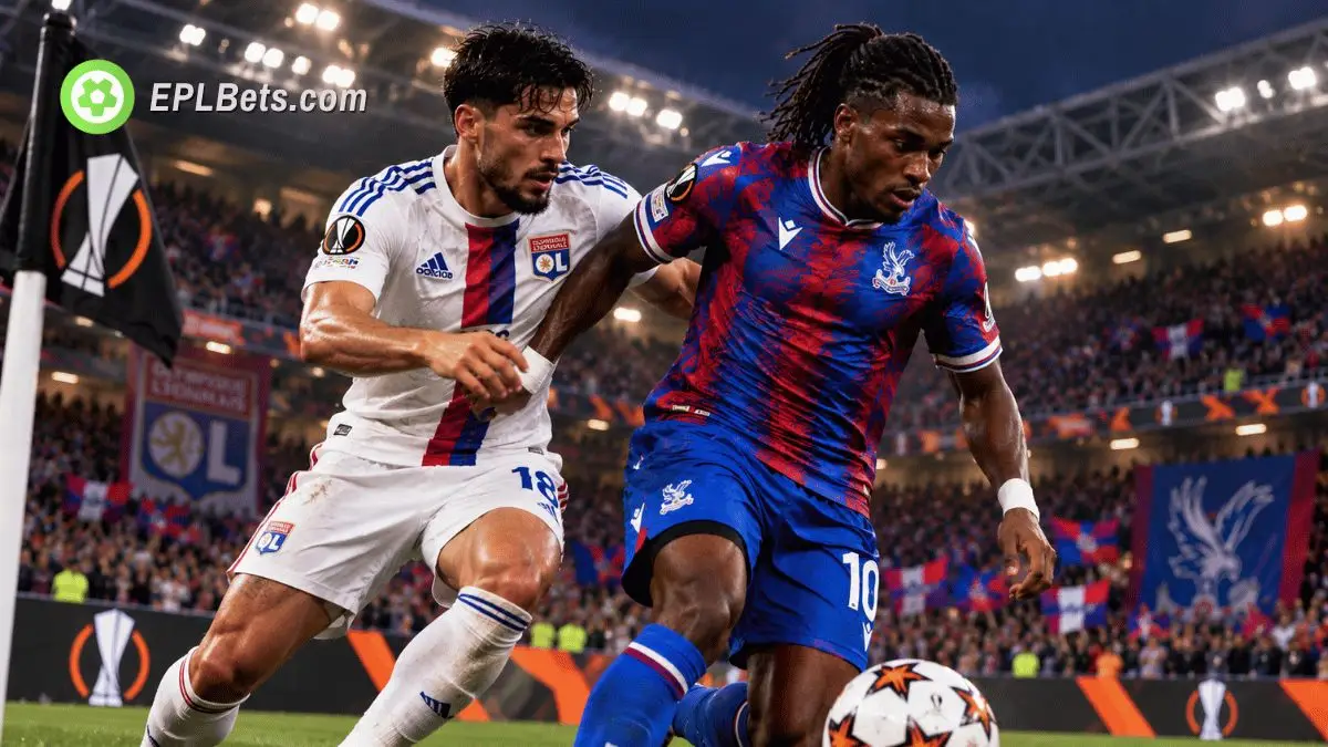 Crystal Palace player shields the ball from a Lyon defender beside a UEFA Europa League corner flag during a floodlit match illustration.