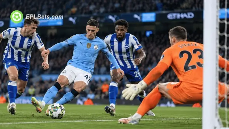 Manchester City midfielder Phil Foden attempts a shot on goal as Brighton goalkeeper Jason Steele closes him down during a Carabao Cup clash at the Etihad Stadium.