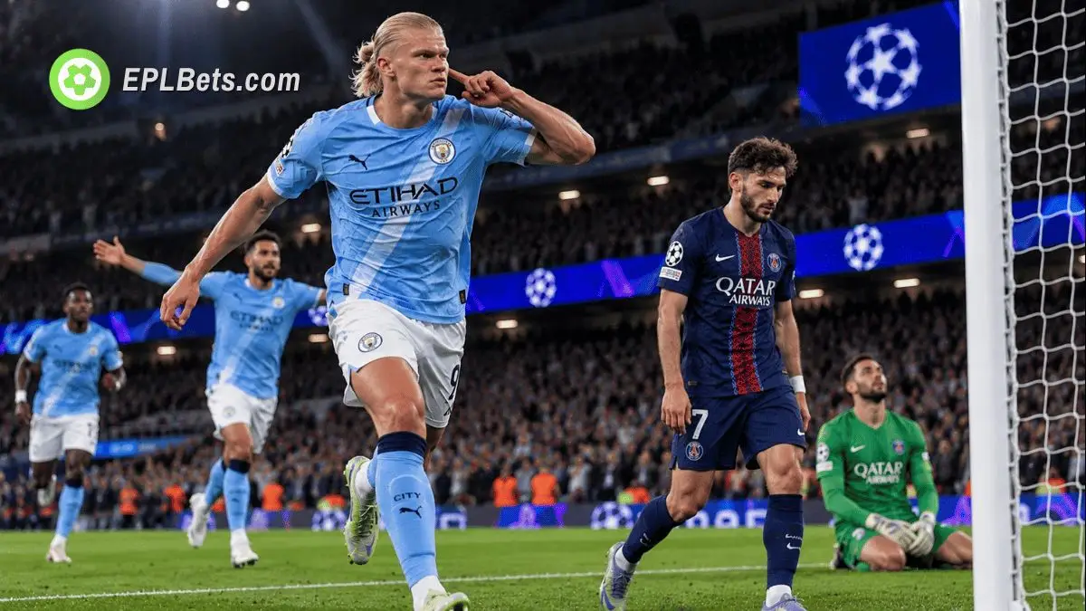 Erling Haaland celebrates a goal for Manchester City as a PSG player looks dejected during a Champions League match illustration.