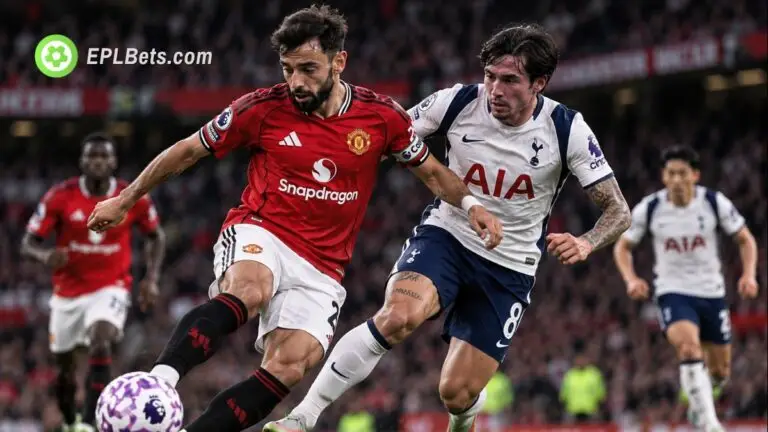 Bruno Fernandes battles Sandro Tonali for possession during Manchester United's Premier League clash with Tottenham at Old Trafford.