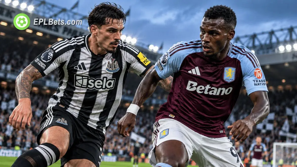Ilustração de uma partida da Premier League em que um jogador do Newcastle United, com camisa listrada em preto e branco, enfrenta um jogador do Aston Villa, vestindo as cores bordô e azul.