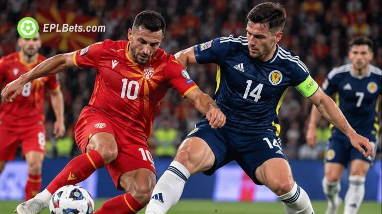 North Macedonia and Scotland players battle for possession during their UEFA Nations League clash in Skopje.
